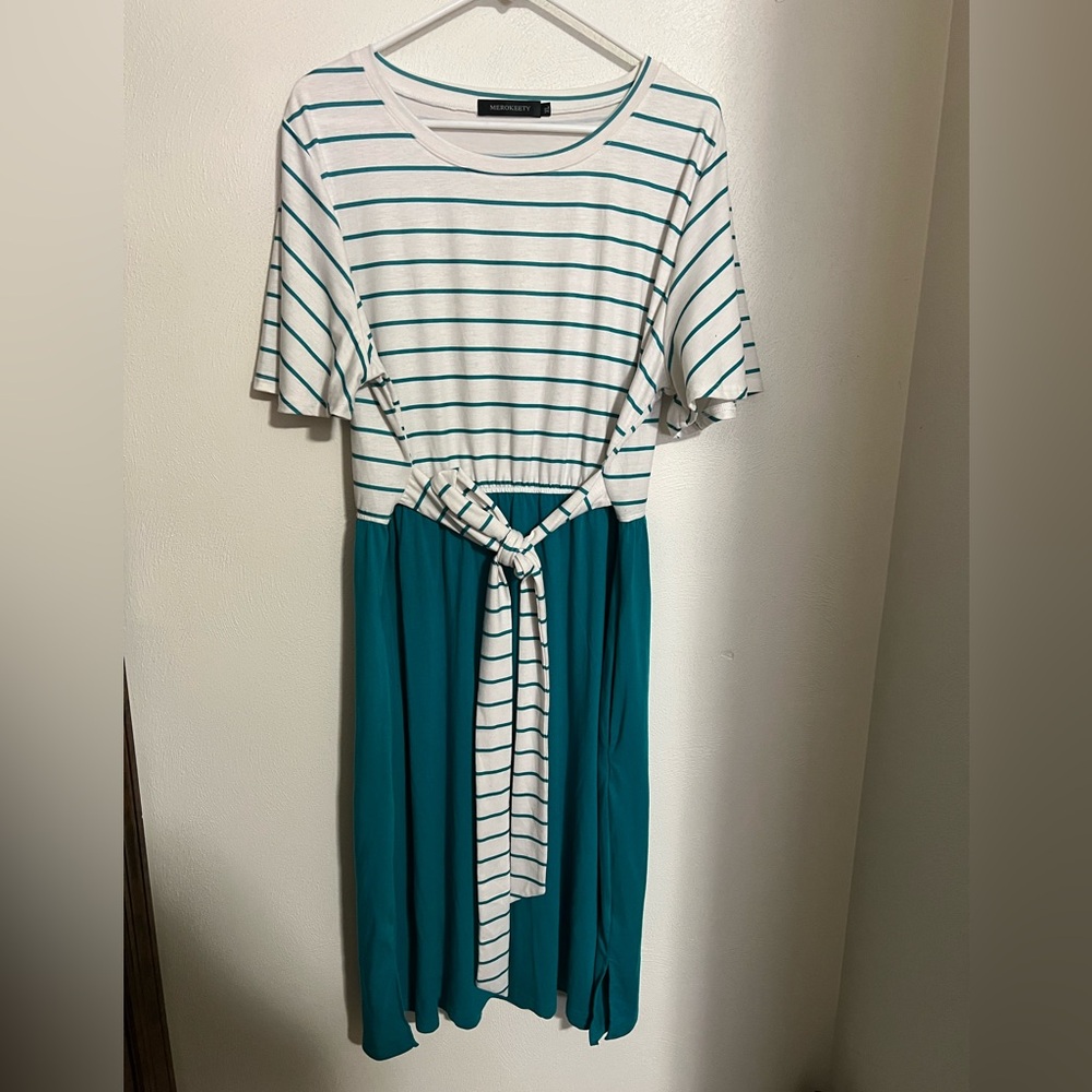 MEROKEETY Classic Colorblock Modest Dress Tie Waist Stripes Teal White Wms Sz XL